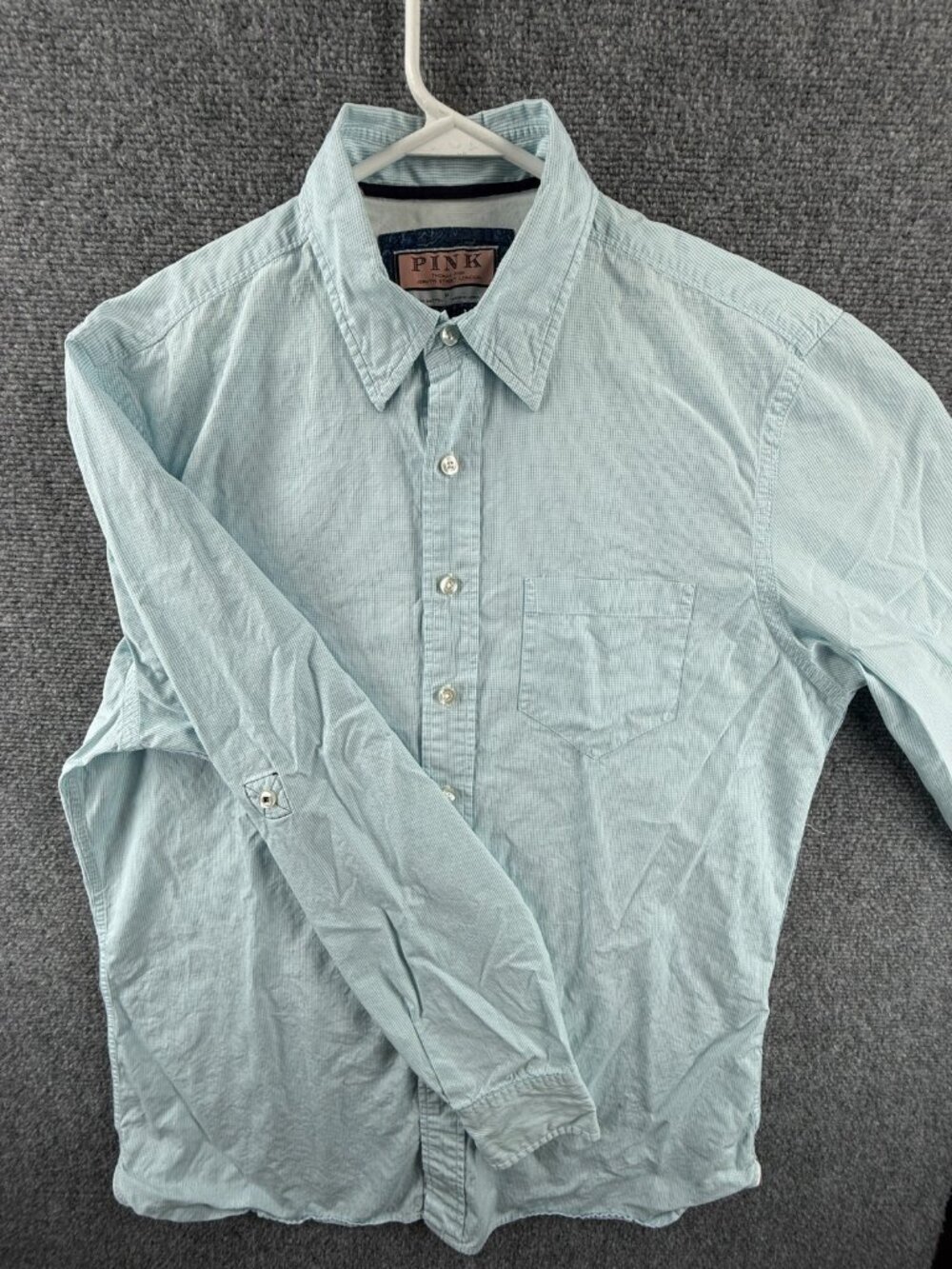 Thomas Pink Roll Tab All Cotton Check Medium Blue Pocket Shirt Long Sleeve Men